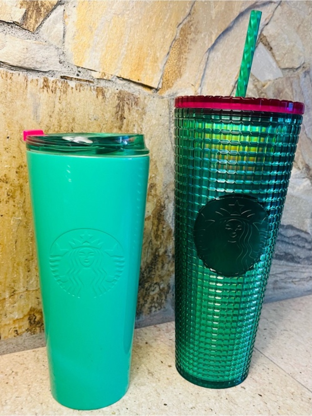 TWO!! Starbucks Teal & Emerald Tumbler Set with Pink Accents